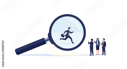 Large magnifying glass spotlighting a fast-paced running businessman with briefcase, observed by others, for focused