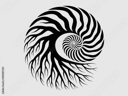 Intricate black and white spiral pattern resembling a hypnotic vortex design isolated on white background, Vector, illustration