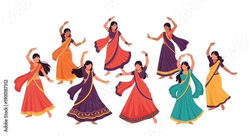 Large group of eight expressive Indian classical dancers in varied colorful saris, demonstrating traditional cultural