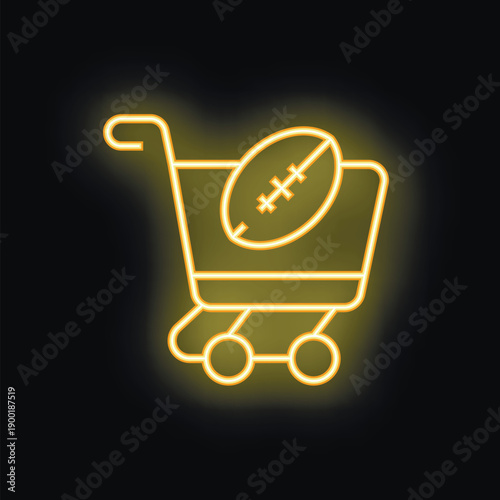 Glowing neon shopping cart carrying a football representing online shopping for sports equipment