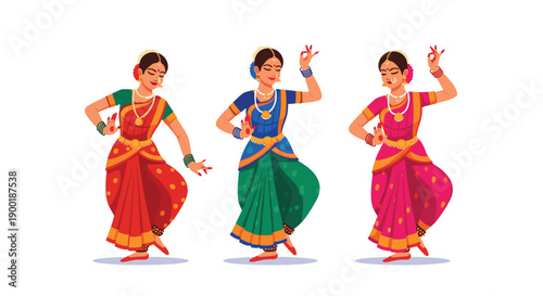 Three graceful Indian classical dancers in traditional colorful saris, performing an elegant cultural dance on white