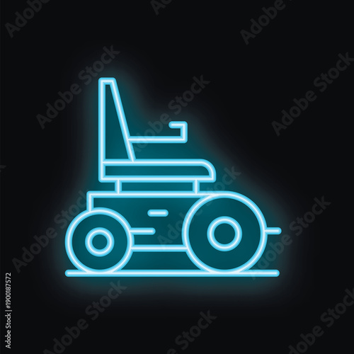 Blue neon sign depicting a modern electric wheelchair, symbolizing accessibility and mobility for individuals with disabilities