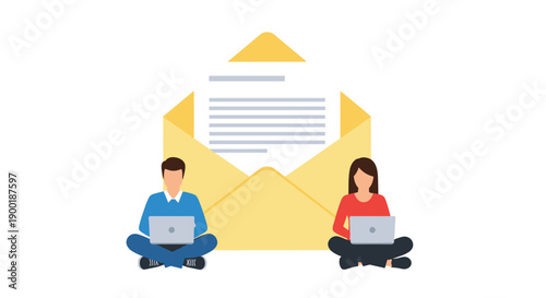 Man and woman sitting with laptops, working efficiently in front of a giant open email envelope containing a digital