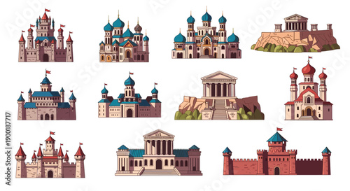 Extensive collection of diverse historical and fantasy castles, palaces, and ancient temple architectural designs on