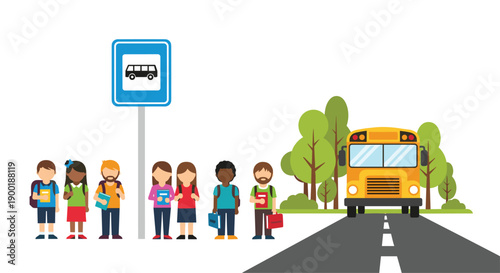 Diverse group of children patiently waiting at a designated bus stop sign for the yellow school bus on a road with trees