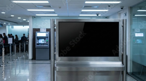 Blank digital screen in a bank lobby with ATMs and people in line