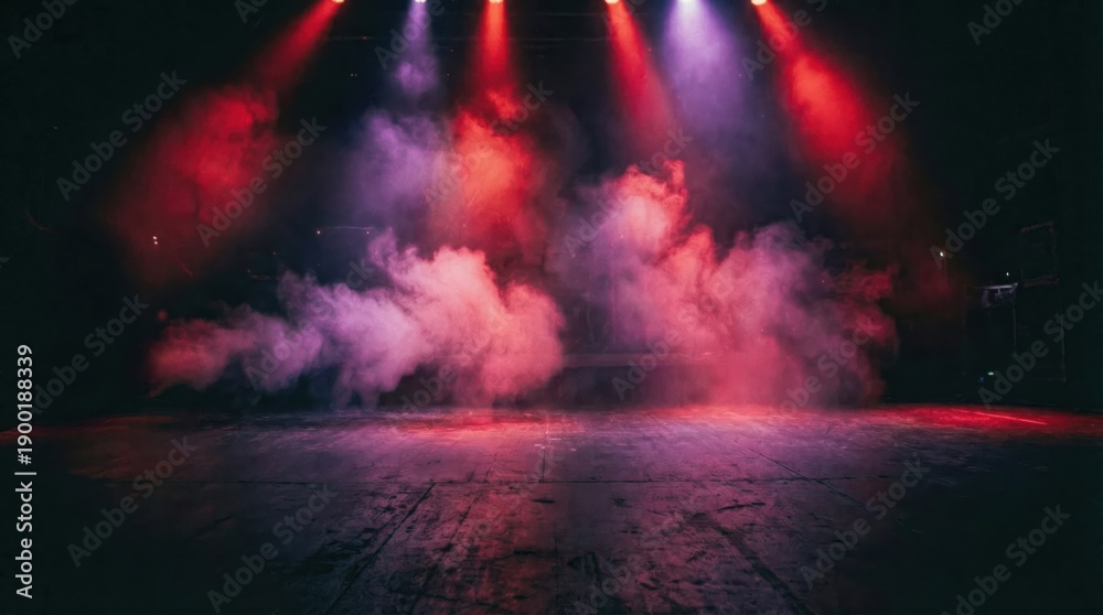 Naklejka premium Dramatic stage lighting with red and purple smoke creating an atmospheric performance space