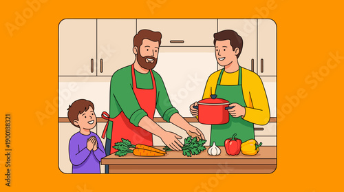 Heartwarming Kitchen Scene: Two Fathers and Son Cooking Together - A Colorful Cartoon Illustration Perfect for Family, Food, and Lifestyle Content, Conveying Love, Togetherness, and Healthy Eating