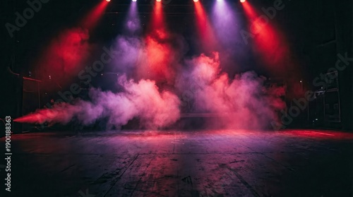 Stage lighting and smoke effects create a dramatic atmosphere on an empty wooden theater floor