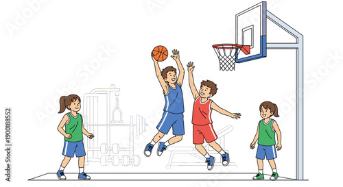 Focused children engaged in an indoor basketball game, with two boys jumping for the ball near a hoop and gym equipment