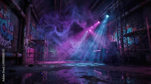 Urban underground club with graffiti, smoke, and vibrant stage lighting
