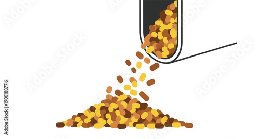 Small brown and yellow granular pellets steadily pouring from an industrial pipe into a growing pile, representing
