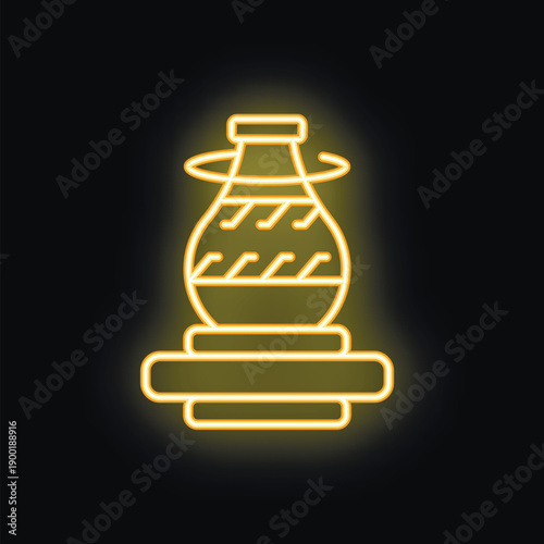 Neon yellow glowing hookah standing on wooden stand, evoking a relaxing oriental atmosphere