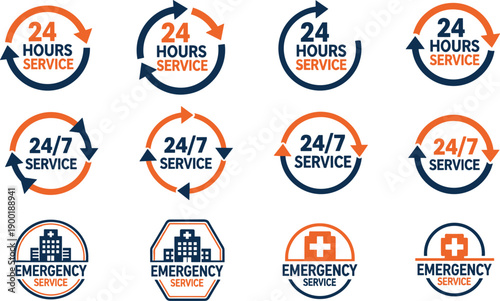 24 hours service and emergency icon set with support symbols, customer care availability badges for healthcare, business, hotline, vector illustration