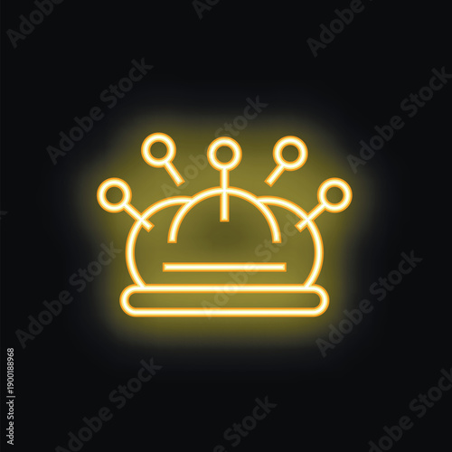 Yellow neon sign depicting a pincushion with pins stuck in it, glowing against a dark background