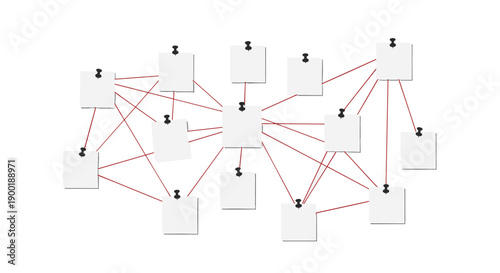 Interconnected network of blank white square notes pinned with thumbtacks and linked by red strings, on white.