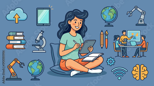 Empowering Education: A Cartoon Illustration of Diverse Learning Elements Showcasing Students, Online Collaboration, Technological Tools and Conceptual Understanding for the Future Workforce