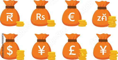Money bag currency icon set with dollar, euro, yen and rupee symbols, finance savings wealth concept for business, vector illustration