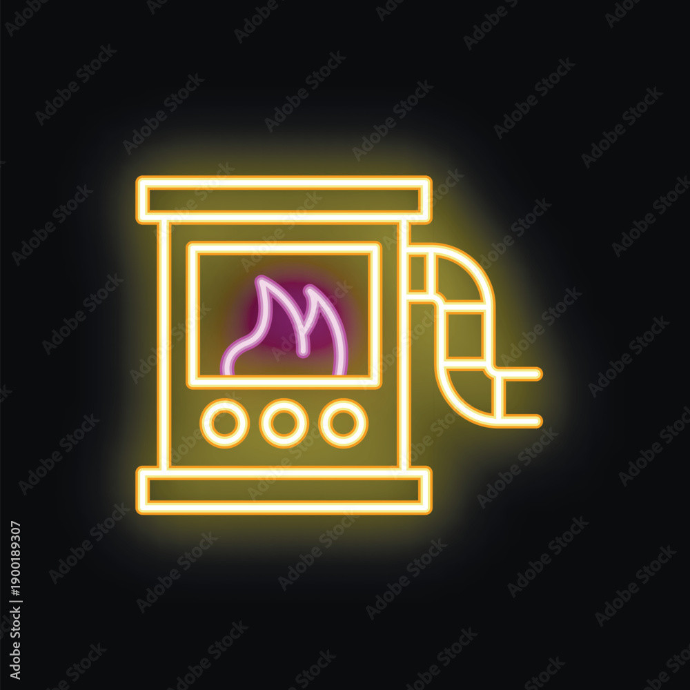 Fototapeta premium Neon icon of a fireplace burning with a bright yellow flame and a chimney