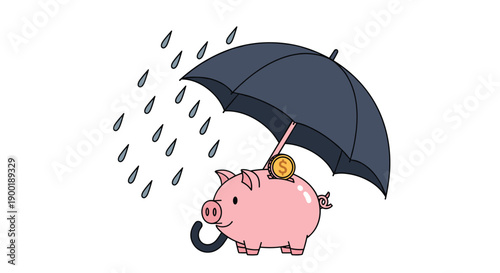 Secure pink piggy bank collecting a gold coin under a grey umbrella, during a gentle blue rain shower.