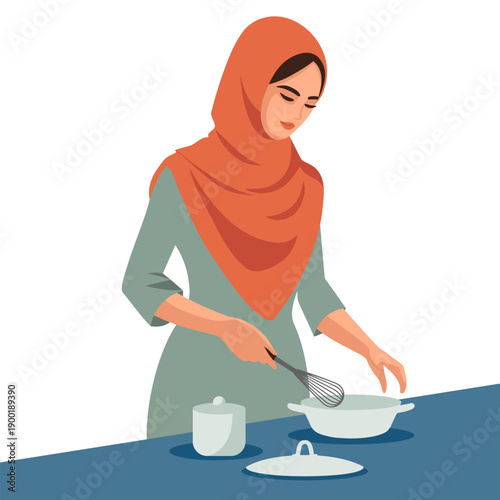 Muslim woman in hijab cooking. Muslim woman prepares food. Illustration.