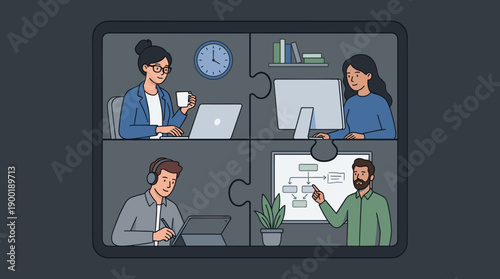 Virtual Team Collaboration Puzzle: Remote Workers Connecting Online for Success, Seamless Communication, and Productive Digital Meetings in a Modern Business Landscape