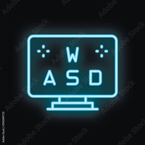 Glowing blue neon icon of an eye exam chart for testing vision