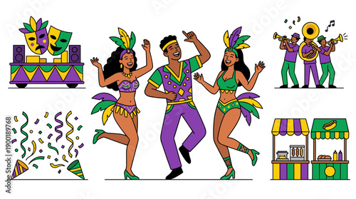 Vibrant Vector Illustration of Mardi Gras Celebration with Dancing Figures, Musical Band, Confetti and Festive Food Stalls Depicting a Joyful Carnival Atmosphere for Event Promotion