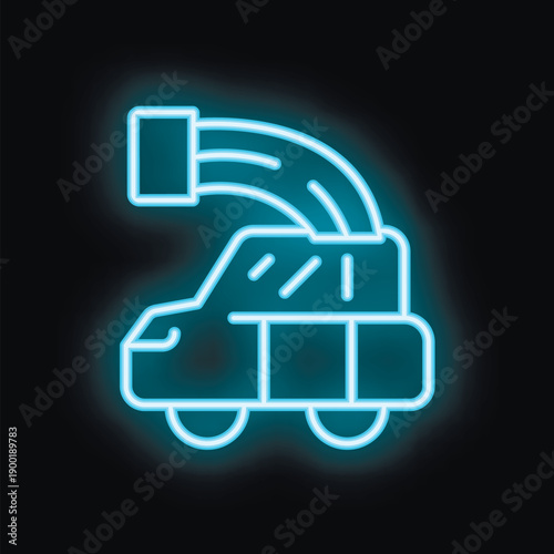 Blue glowing neon sign of a car being towed away, isolated on a black background