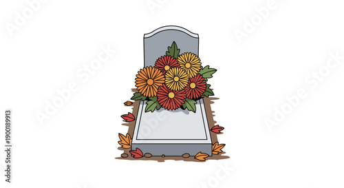 Flat grey gravestone adorned with a vibrant bouquet of orange and red flowers, surrounded by autumn leaves.