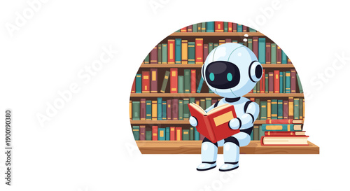 Cute cartoon robot with blue eyes sitting and attentively reading a red book in a bustling library.
