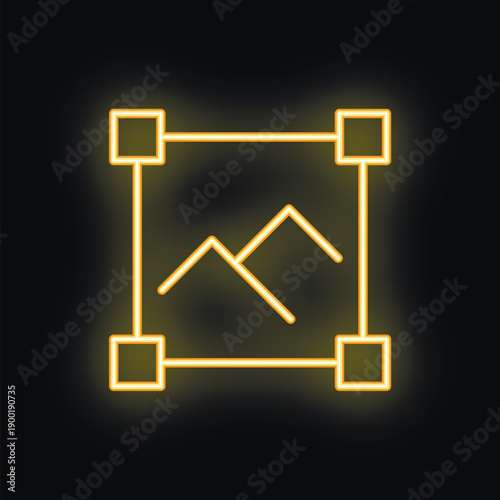 Neon yellow crop image icon glowing on black background, concept of photo editing or graphic design