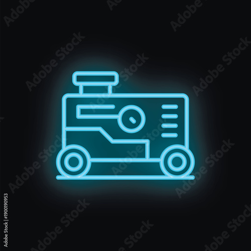 Blue neon icon of a portable electric generator on wheels, providing power in an outage or remote location
