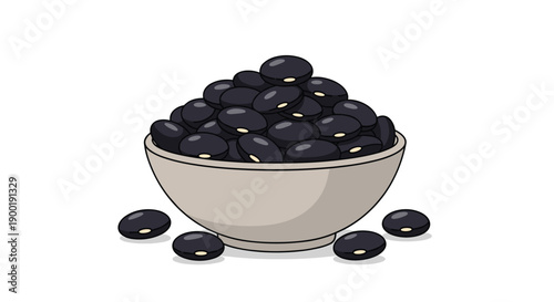 Generous heap of fresh black beans piled high in a simple beige bowl, with loose beans scattered nearby