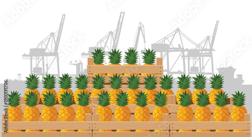 Numerous fresh pineapples neatly arranged in wooden crates, set against a blurred industrial port background, global