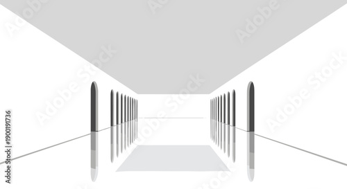 Abstract minimalist architectural hallway with repeating arched doorways creating a long, empty, and serene perspective.