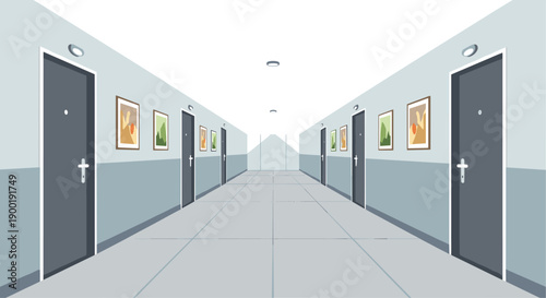 Modern long hallway with symmetrical dark doors and vibrant framed pictures, creating a professional and inviting