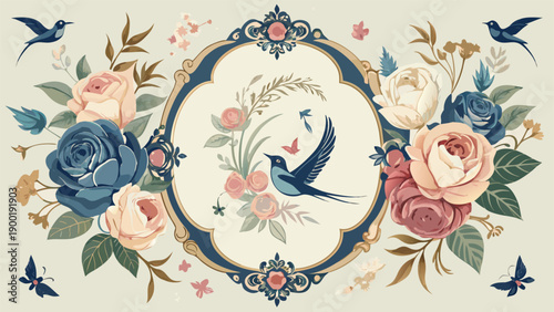 Vintage floral greeting card templates with swallow birds, ribbons, and ornate frames.eps