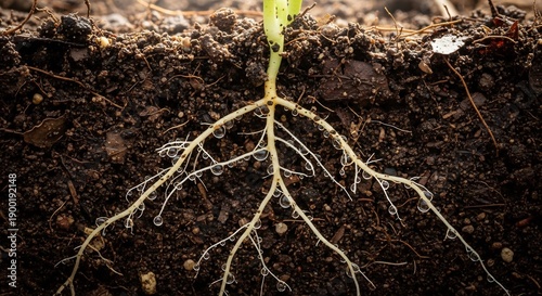 Detailed view of plant roots in soil showcasing natural growth and structure.