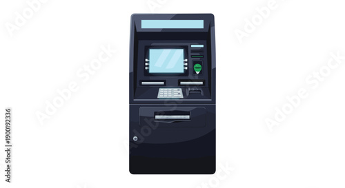 Modern automatic teller machine front view with glowing screen and keypad on a solid white background