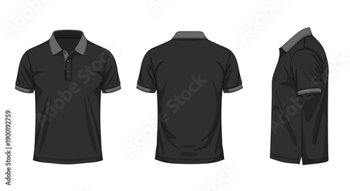 Blank dark gray polo shirt with contrasting collar and sleeve cuffs in front, side, and back views