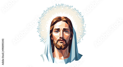 Low-Poly Geometric Portrait of Jesus Christ with Glowing Halo in Serene Blue and Brown Tones