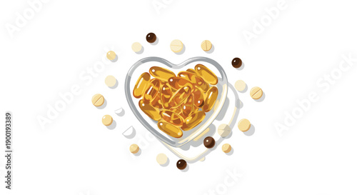 Heart-Shaped Glass Bowl Filled with Golden Softgel Capsules Surrounded by Pills for Health and Wellness