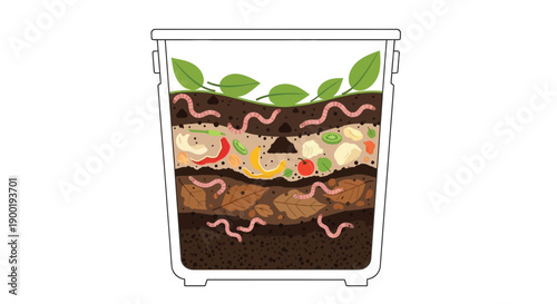 Illustration of a compost bin with layers of organic waste and worms