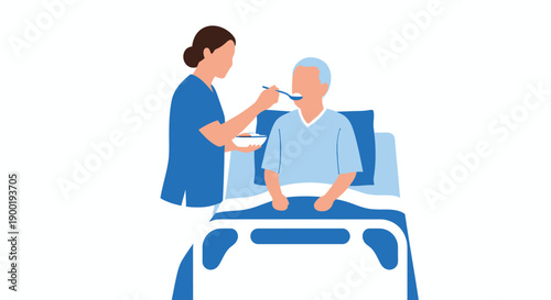 A healthcare worker assists an elderly man with eating in a hospital bed