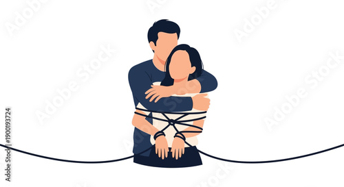 A couple embracing bound together with rope in a minimalist illustration