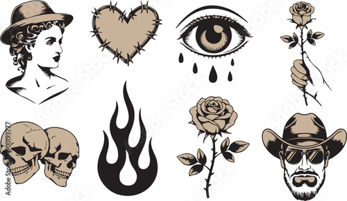 A diverse collection of tattoo style illustrations featuring classic Americana motifs and symbolic elements