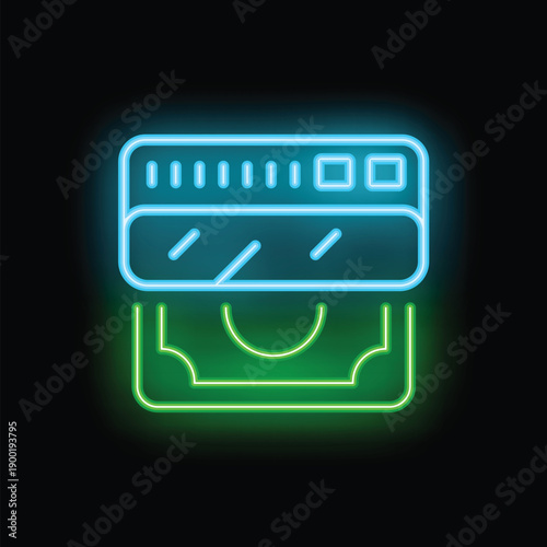 Neon sign is glowing, representing an online payment made using a credit card and banknotes