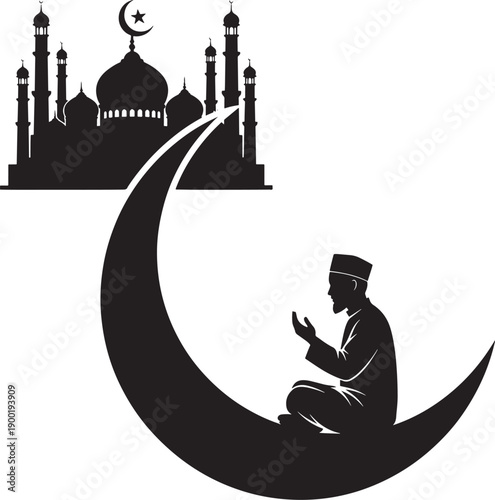 Man praying on a crescent moon silhouette against a mosque backdrop, conceptual Islamic art for Ramadan and spiritual themes.