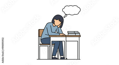 A student sits at a desk head down with a thought bubble above